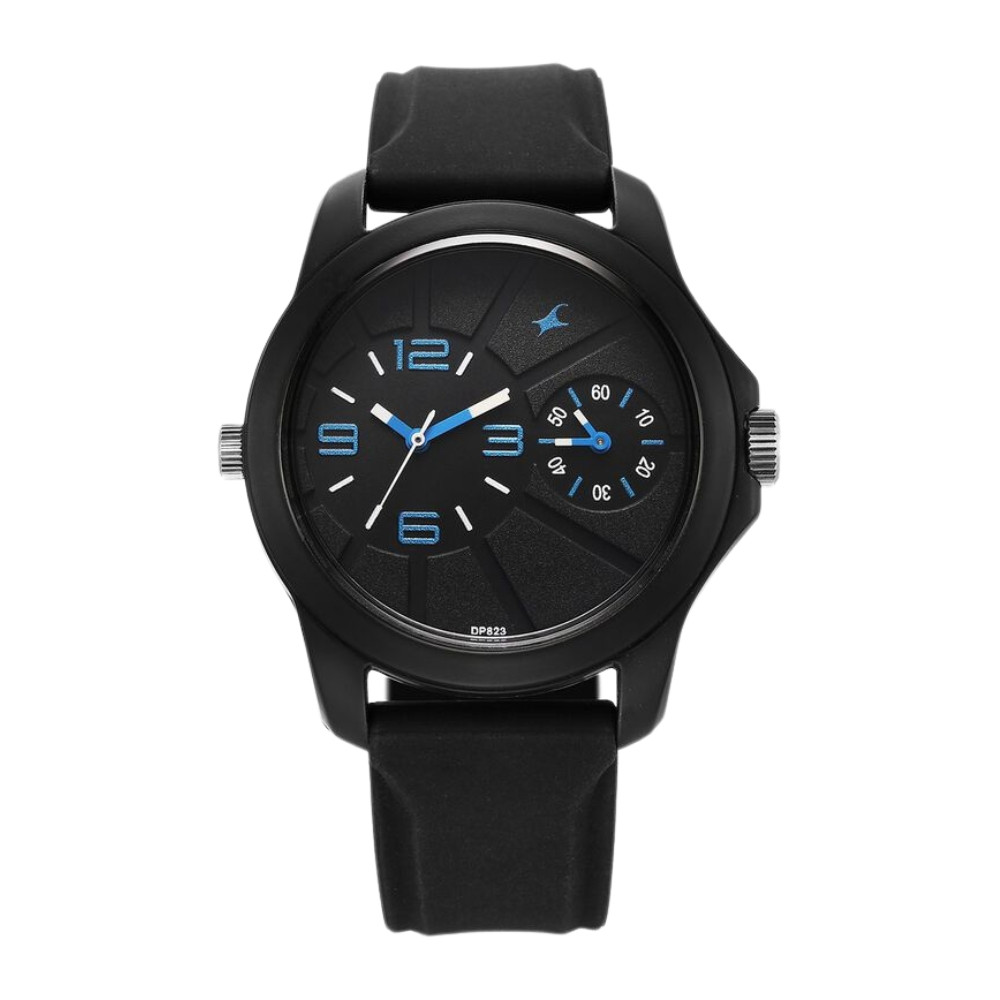 Fastrack Dual Time Quartz Analog Black Dial Silicone Strap Watch for Guys 38042PP07