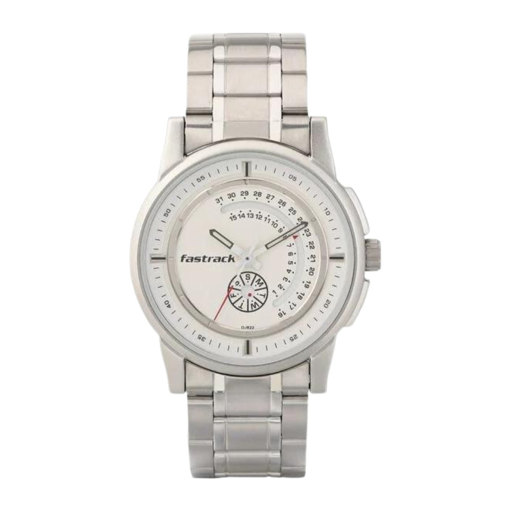 Fastrack Go Skate Quartz Analog with Day and Date White Dial Stainless Steel Strap Watch for Guys NS3215SM01
