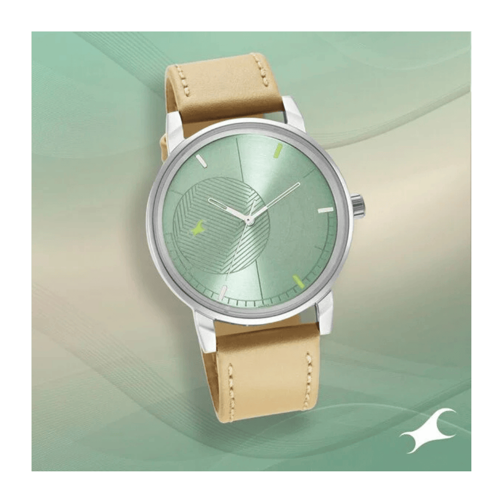 Fastrack Stunners Quartz Analog Green Dial Leather Strap Watch for Guys 3278SL02