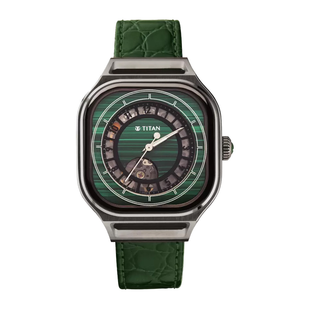 Titan Stellar Automatic Green Dial Leather Strap Watch for Men 10008TL01