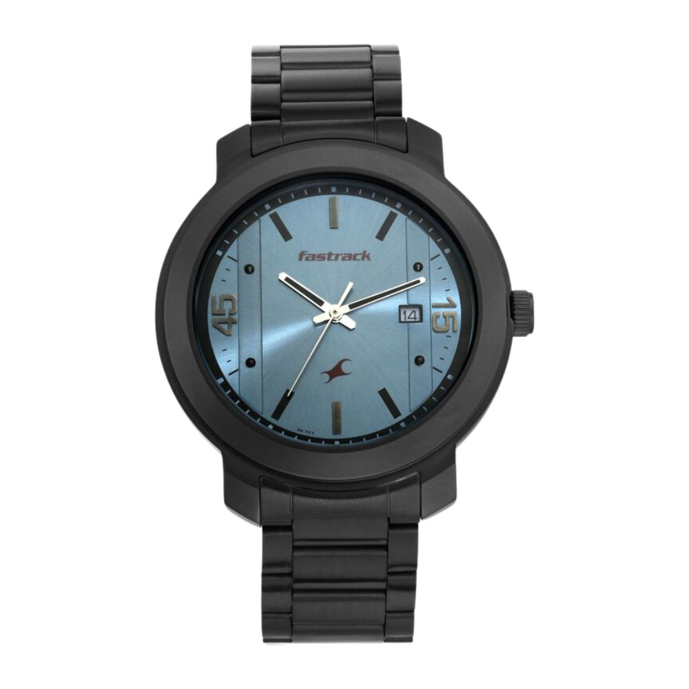Fastrack Bare Basics Quartz Analog with Date Blue Dial Stainless Steel Strap Watch for Guys NR3246NM01