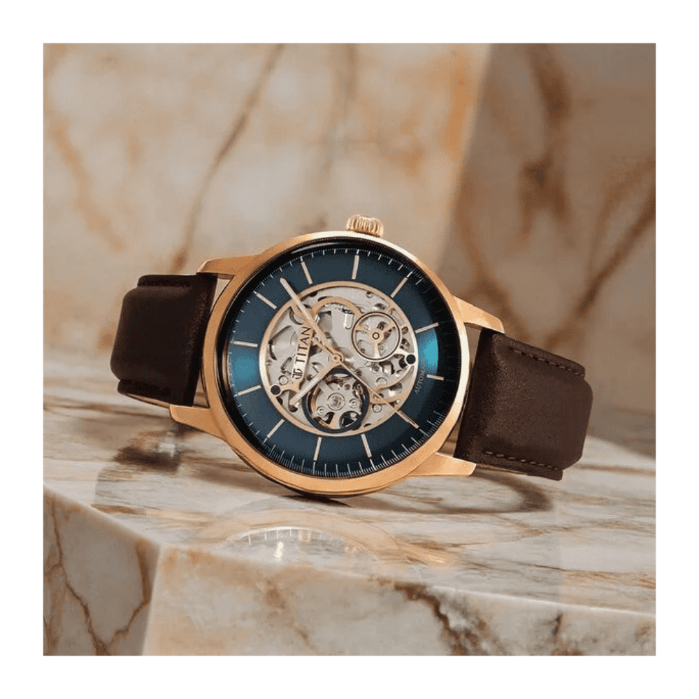 Titan Skeletal Automatic Blue Dial Brown Leather Strap Watch for Men 90110WL04