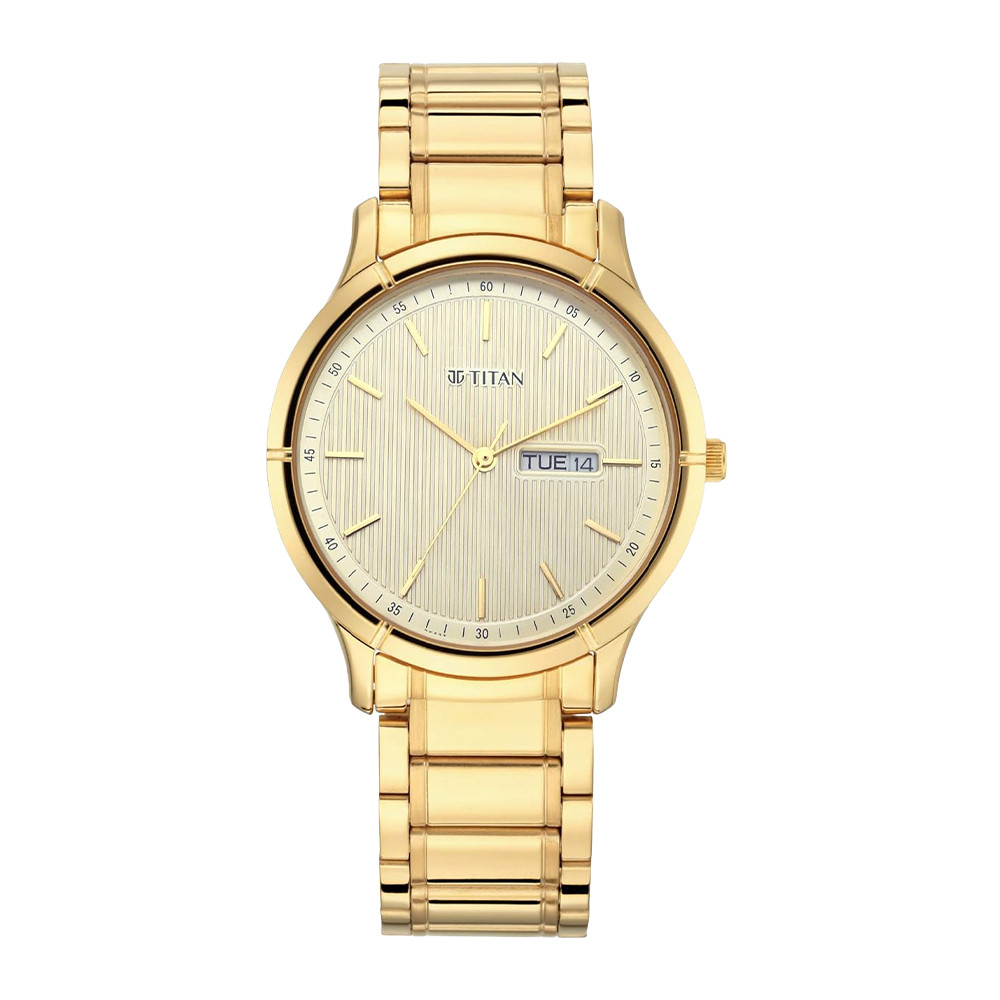 Titan Lagan Yellow Dial Analog with Day and Date Metal Strap Watch for Men NR1775YM02