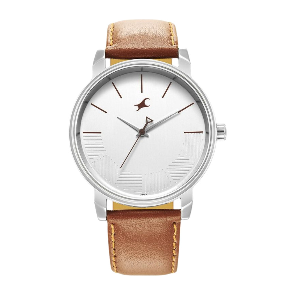 Fastrack Stunners Quartz Analog Silver Dial Leather Strap Watch for Guys NR3291SL02