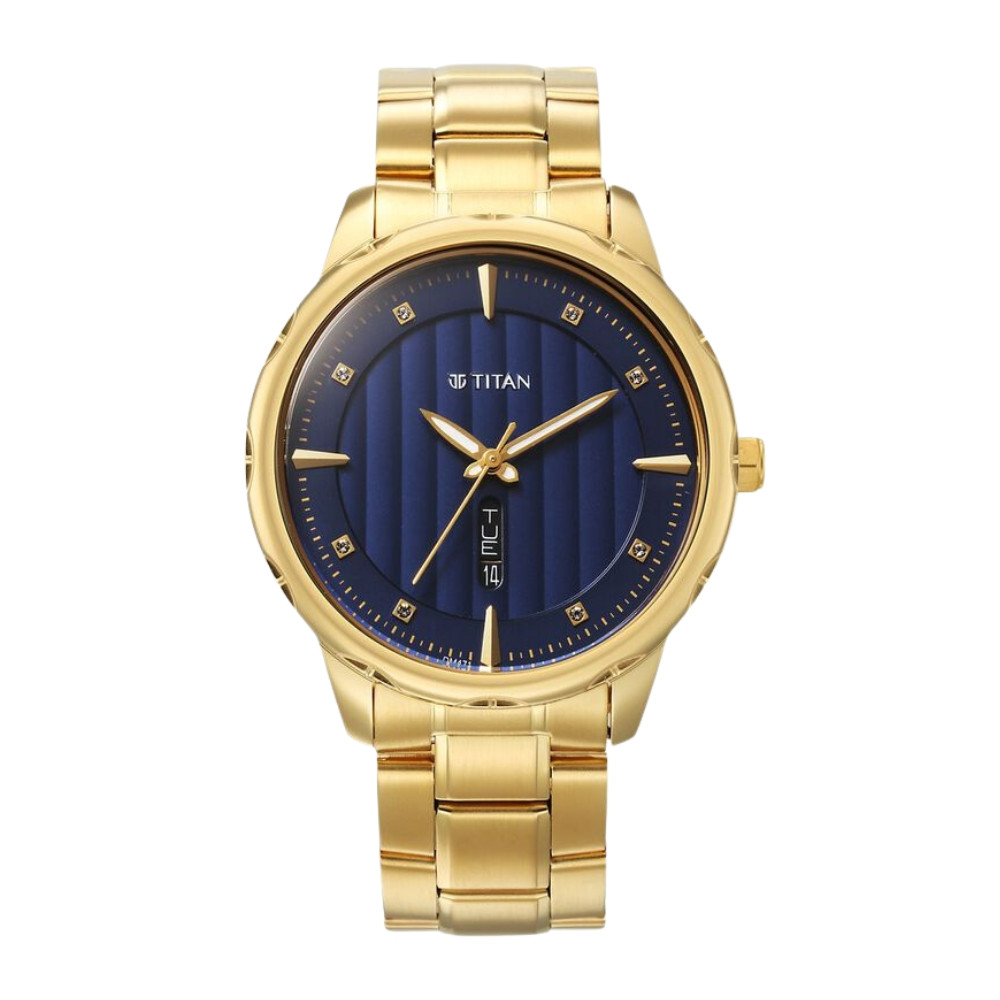 Titan Regalia Opulent Blue Dial Analog with Day and Date Metal Strap watch for Men 1875YM02