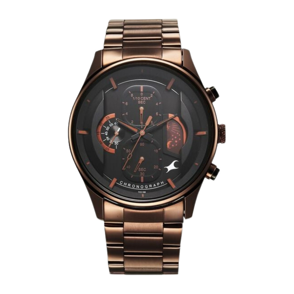 Fastrack Opulence Sun Moon Chronograph Black Dial Brown Metal Strap Analog Quartz Watch For Guys 3315KM02