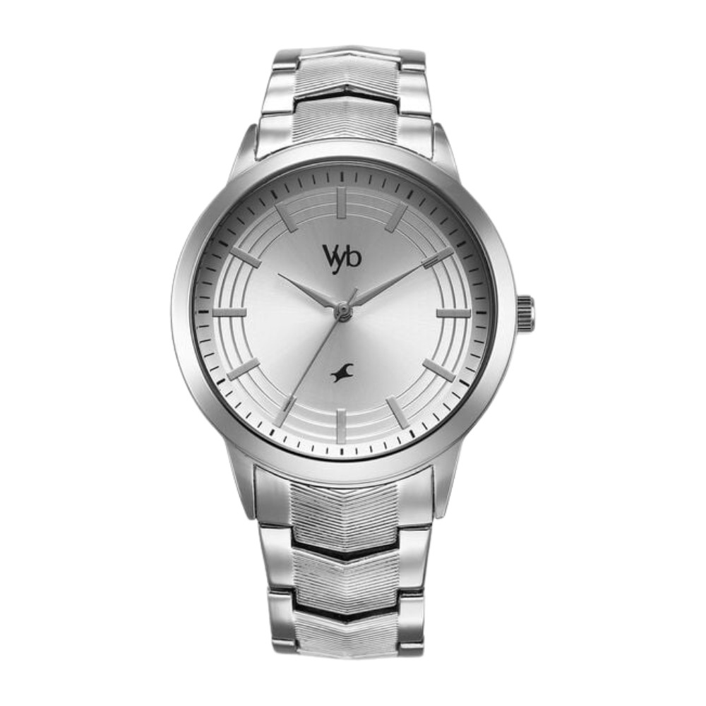 Fastrack Vyb Atlas Quartz Analog Silver Dial Silver Metal Strap Watch For Guys FV30002SM01W