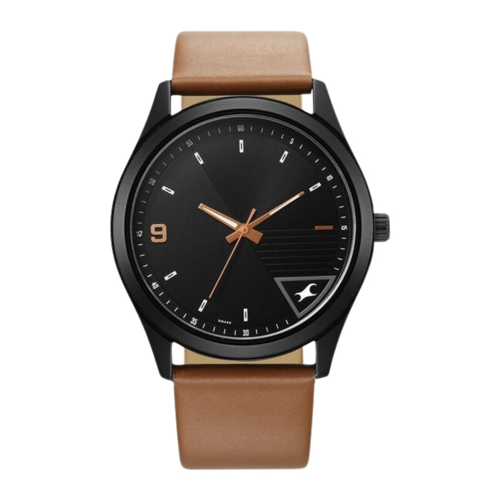 Fastrack Stunners Quartz Analog Black Dial Brown Leather Strap Watch For Guys 3317NL02