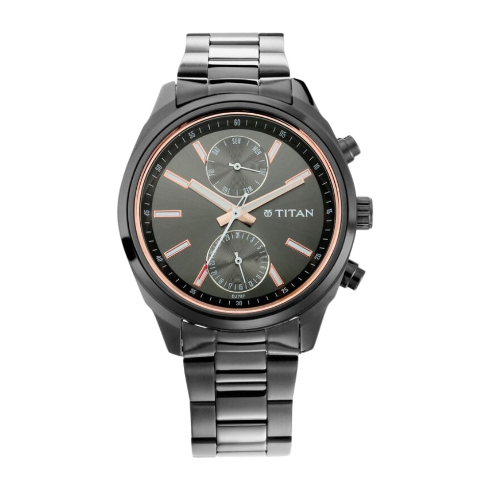 Titan Men's Metropolitan Luxe: Multifunction Mono black Dial with Two-Tone Stainless Steel Bracelet Watch NR1733NM01