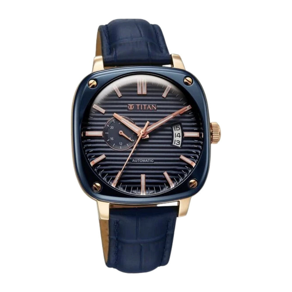 Titan Vintage Concealed Automatic Analog with Blue Dial Blue Leather Strap Watch for Men 90225KL02