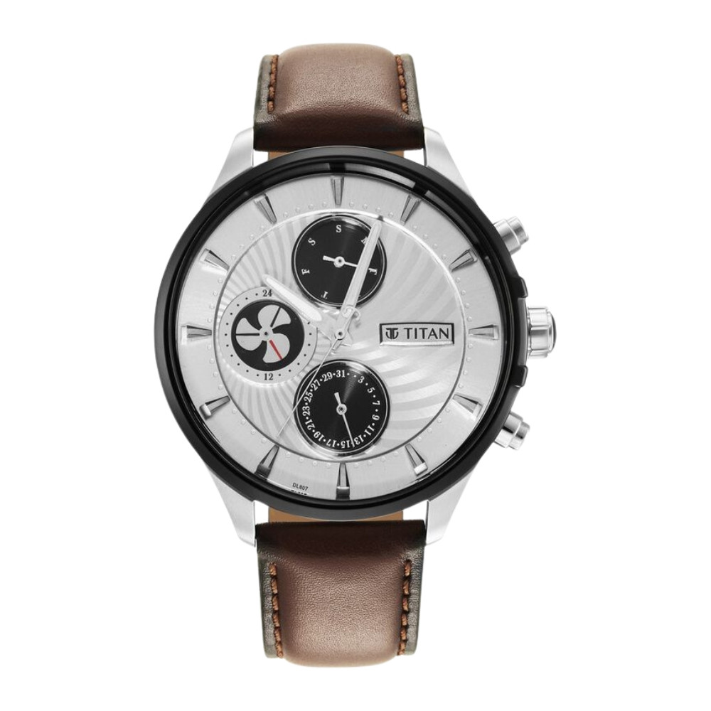 Titan Maritime White Dial Quartz Multifunction Leather Strap Watch for Men NR1873KL01