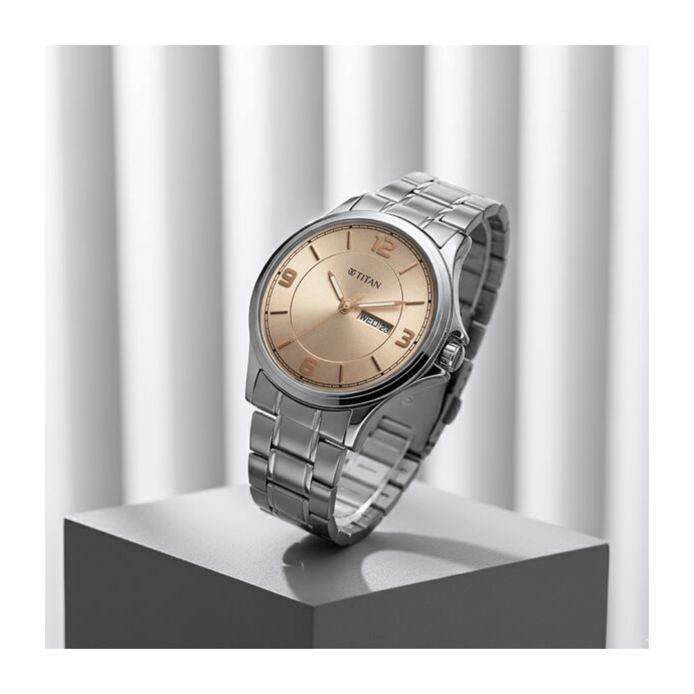 Titan Neo Arabic Analog with Day Date Beige Dial Silver Stainless Steel Strap Watch for Men 1870SM06