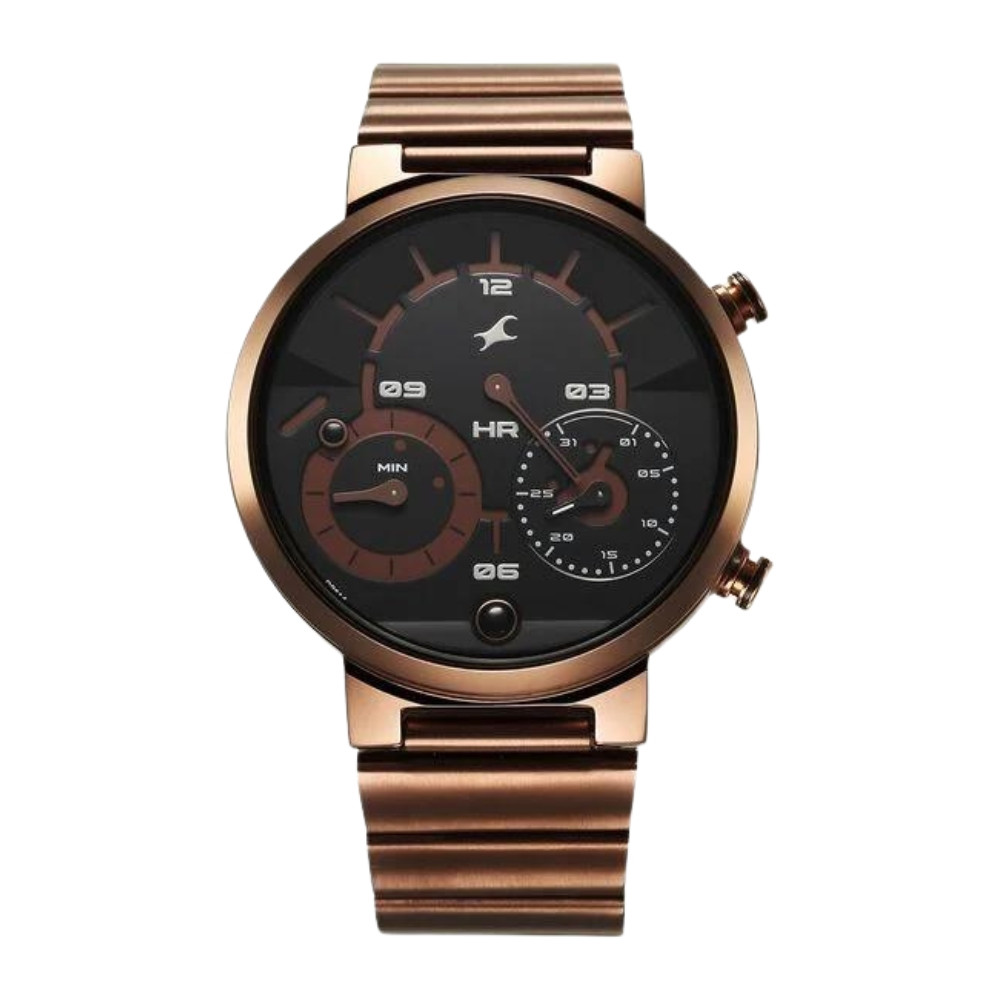 Fastrack Gambit Micromotor Black Dial Brown Metal Strap Analog Watch for Guys 3309QM02