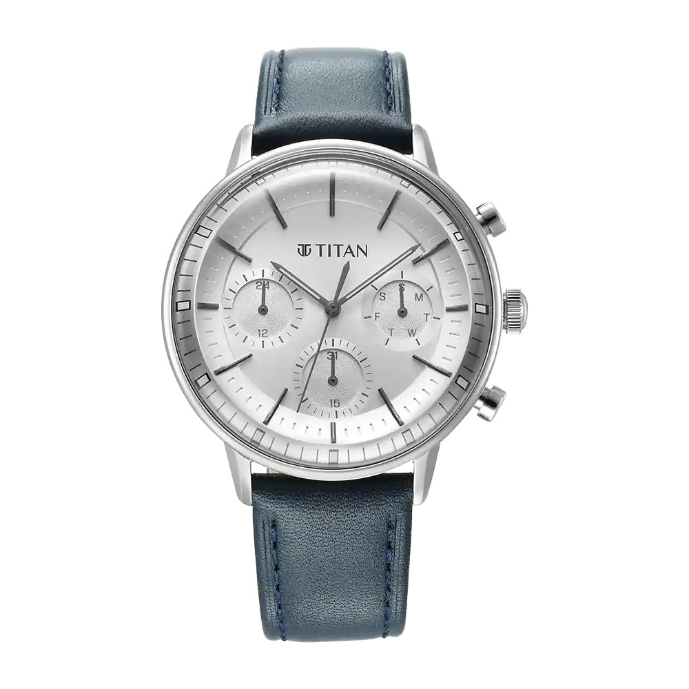 Titan Light Leathers Quartz Multifunction Black Dial Stainless Steel Strap Watch for Men 90171SL01