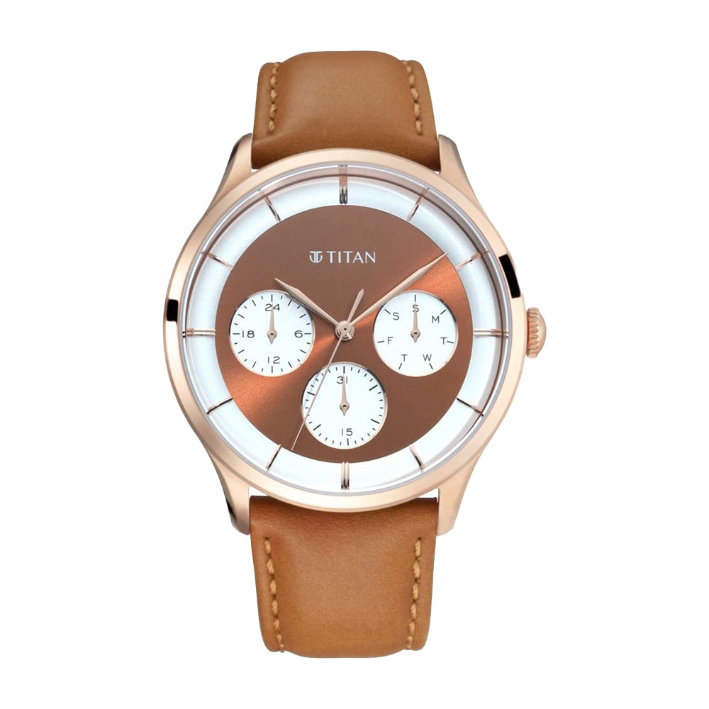 Titan Light Leathers Rose Gold Dial Multi Leather Strap watch for Men NQ90125WL02
