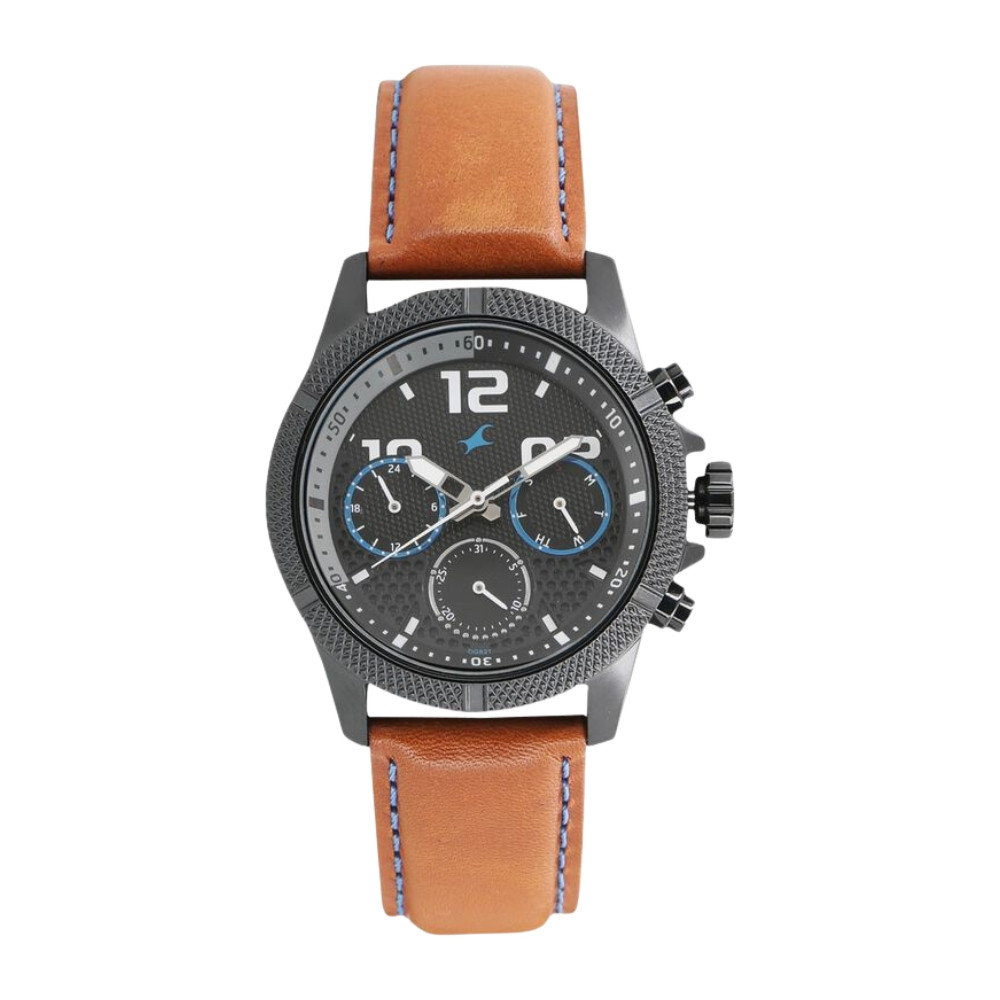 Fastrack Loopholes Quartz Multifunction Black Dial Leather Strap Watch for Guys NN3169NL01