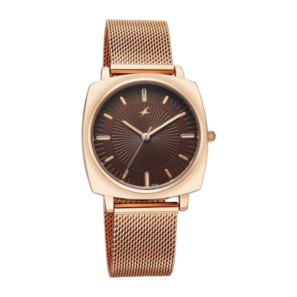 Fastrack Stunners Quartz Analog Brown Dial Rose Gold Stainless Steel Strap Watch For Girls 68043WM05