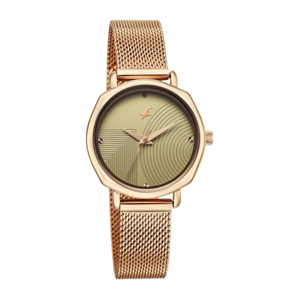Fastrack Stunners Quartz Analog Green Dial Rose Gold Stainless Steel Strap Watch For Girls 68064WM03