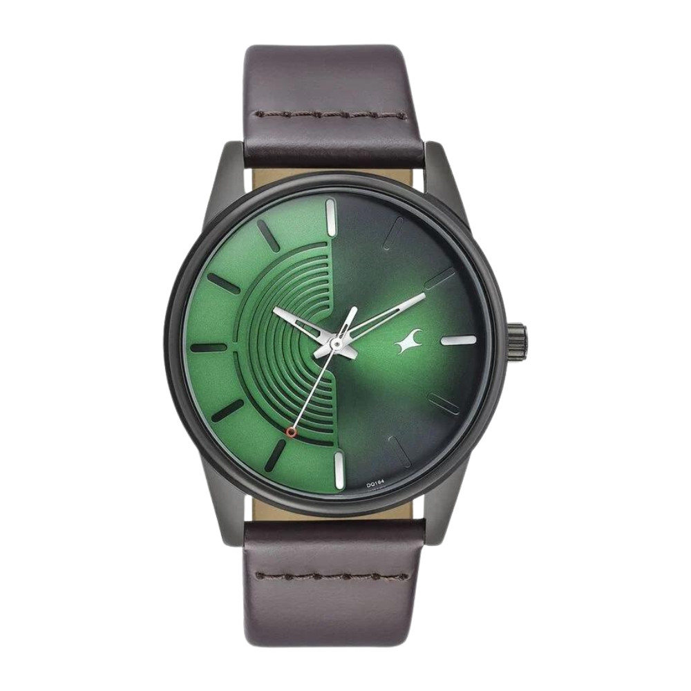 Fastrack Stunnerse Quartz Analog Green Dial Leather Strap Watch for Guys 3305NL01