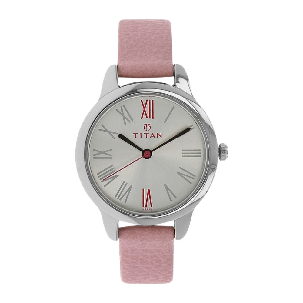 Titan Quartz Analog Silver Dial Leather Strap Watch for Women NR2481SL01