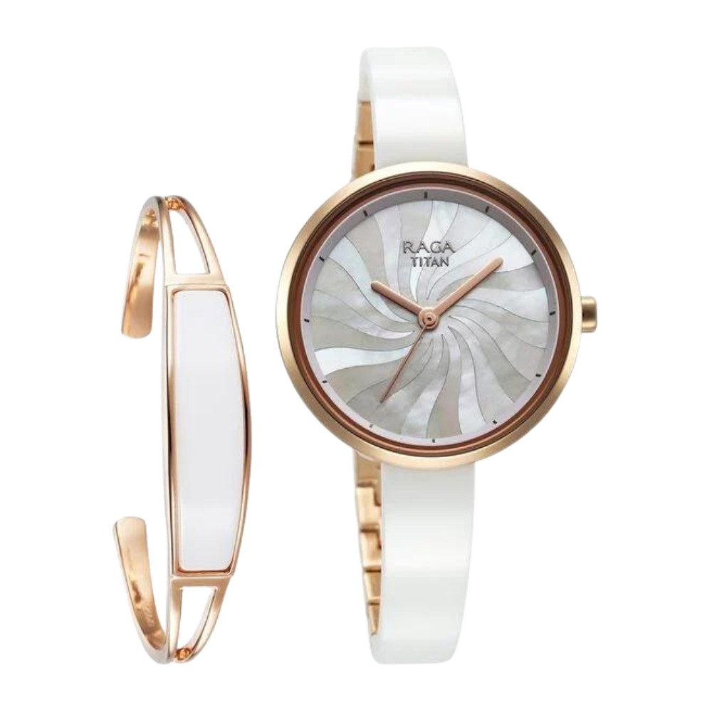 Titan Raga Memoirs Quartz Analog Mother Of Pearl Dial With White Ceramic Strap Watch For Women 95253KD01F