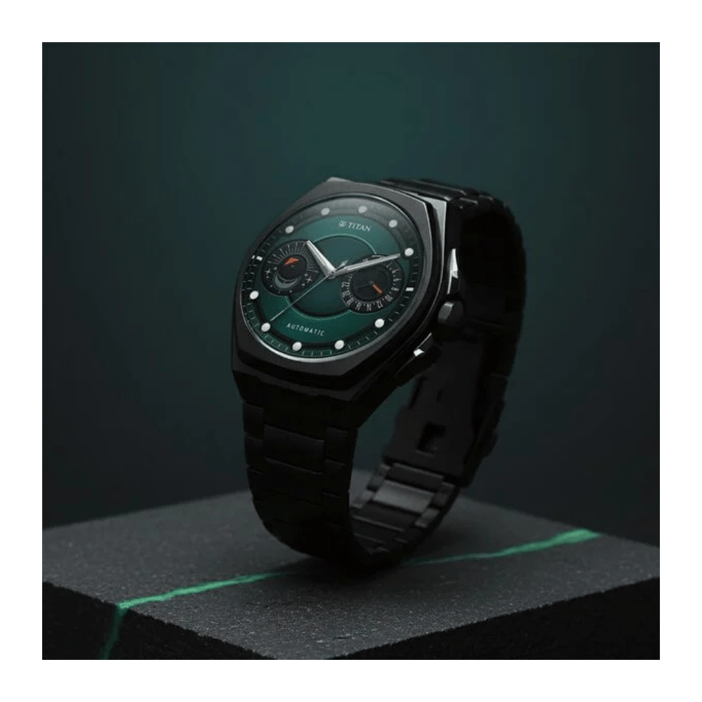Titan Stellar Aurora Caelum Automatic Analog with Sun Moon Phase and Green Dial Titanium Grade 5 Strap Watch for Men 10029KM01