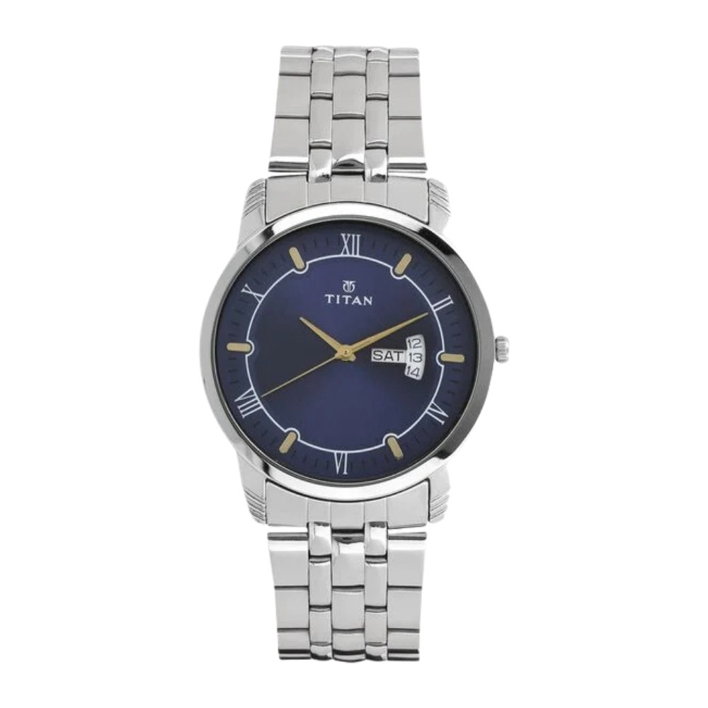 Titan Analog with Day and Date Blue Dial Stainless Steel Strap watch for Men 1774SM01