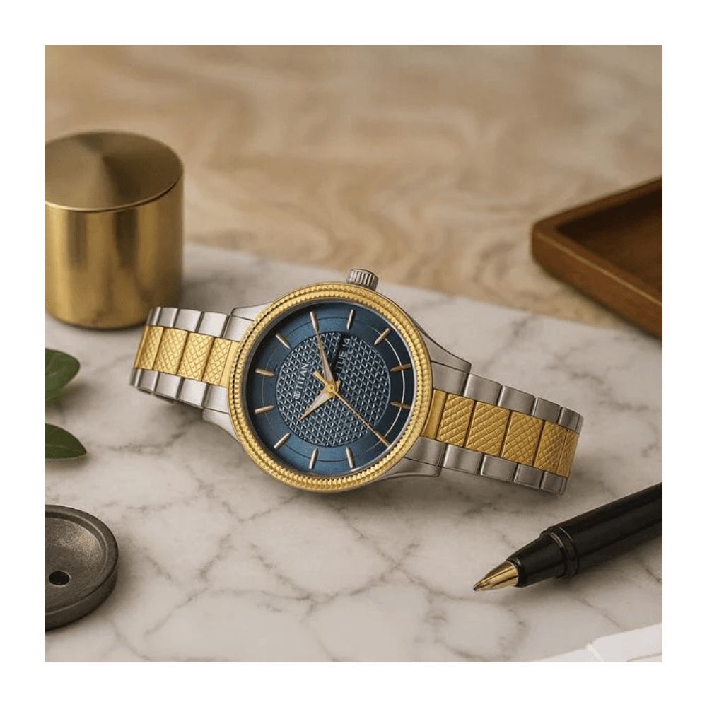 Titan Karishma Wedding Edit Quartz Analog with Day and Date Blue Dial Stainless Steel Strap Watch For Men 1650BM05