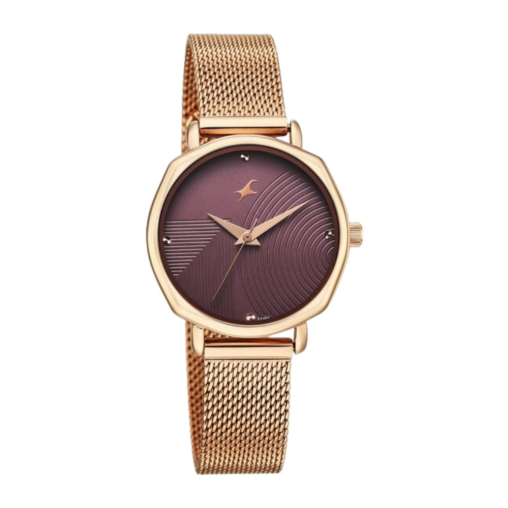 Fastrack Stunners Quartz Analog Purple Dial Rose Gold Stainless Steel Strap Watch For Girls 68064WM02