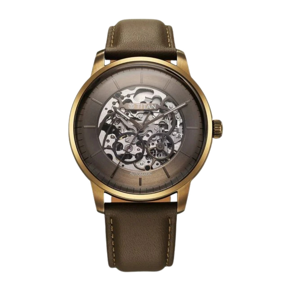 Titan Automatic Color Upgrade Brown Dial Brown Color Leather Strap Watch For Men 90110QL03