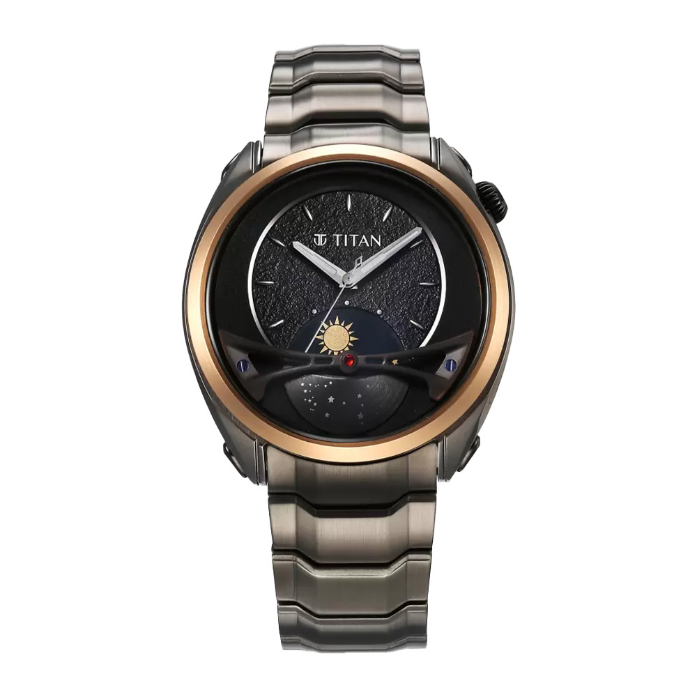 Titan Stellar Quartz Multifunction Black Dial Stainless Steel Strap Watch for Men 10010KM01