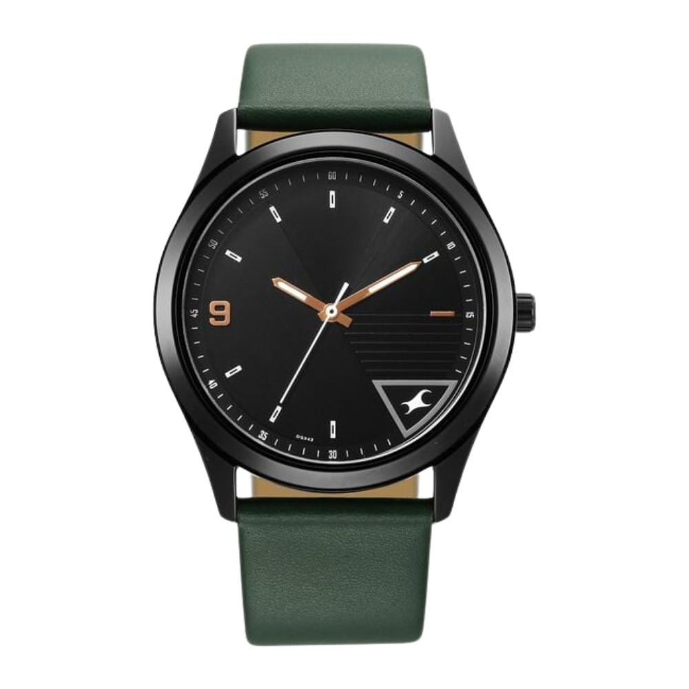 Fastrack Stunners Quartz Analog Black Dial Green Leather Strap Watch For Guys 3317NL01