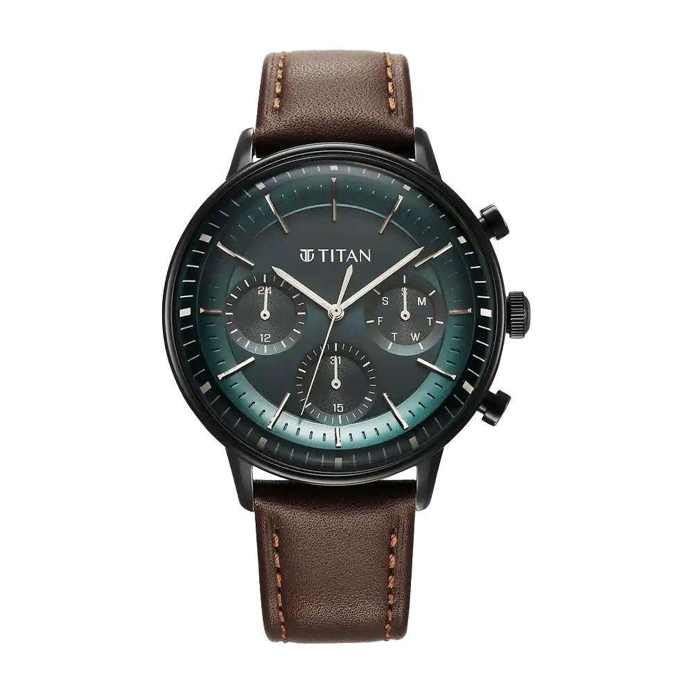 Titan Light Leathers Quartz Multifunction Black Dial Stainless Steel Strap Watch for Men 90171NL01