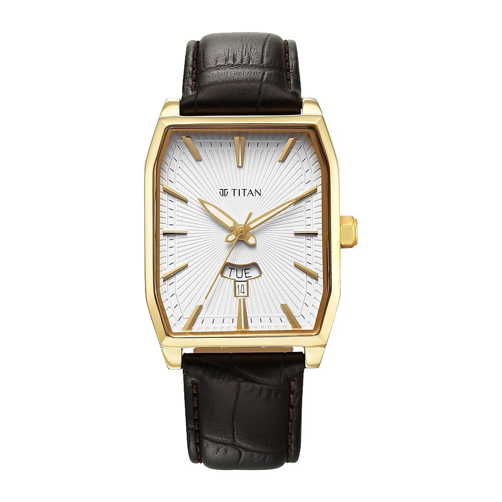Titan Regalia Opulent White Dial Analog with Day and Date Leather Strap Watch for Men 1876YL02