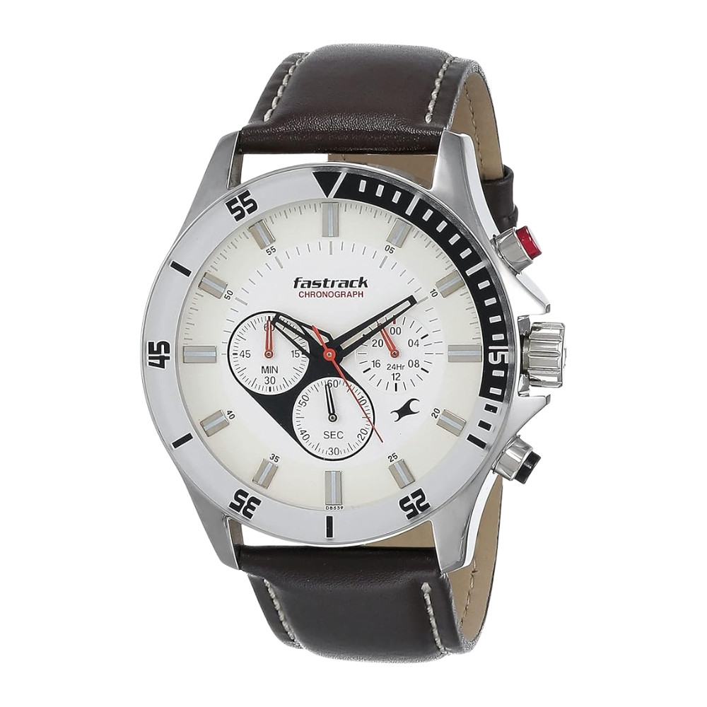 Fastrack Big Time Quartz Chronograph White Dial Leather Strap Watch for Guys NR3072SL01