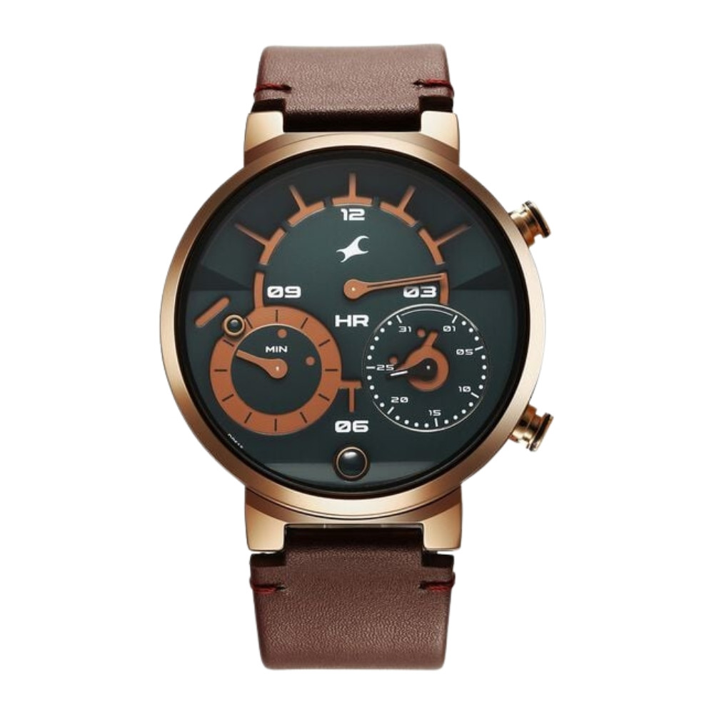 Fastrack Gambit Micromotor Green Dial Brown Leather Strap Analog Watch for Guys 3309QL01