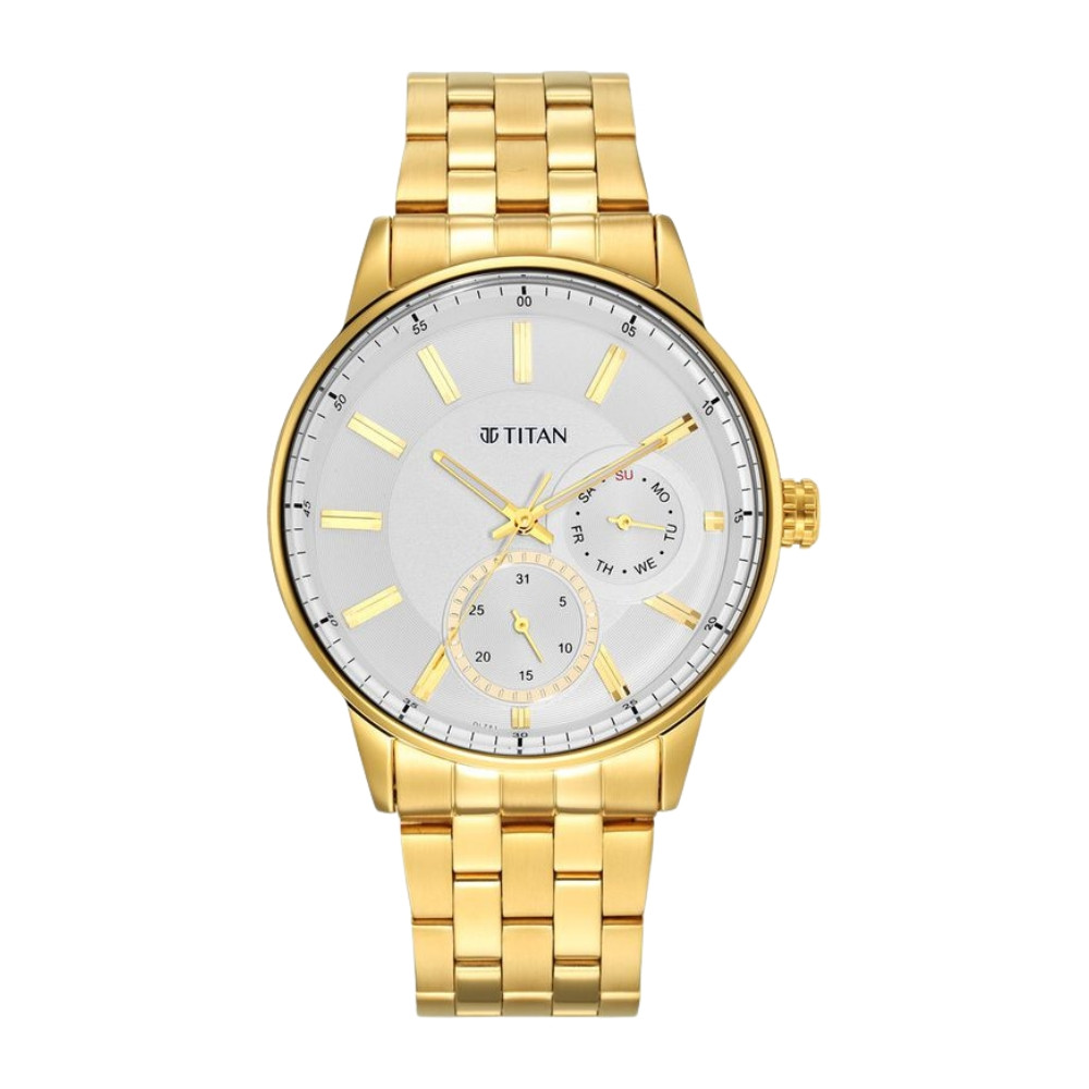 Titan Quartz Analog White Dial Stainless Steel Strap Watch for Men NR9441YM01