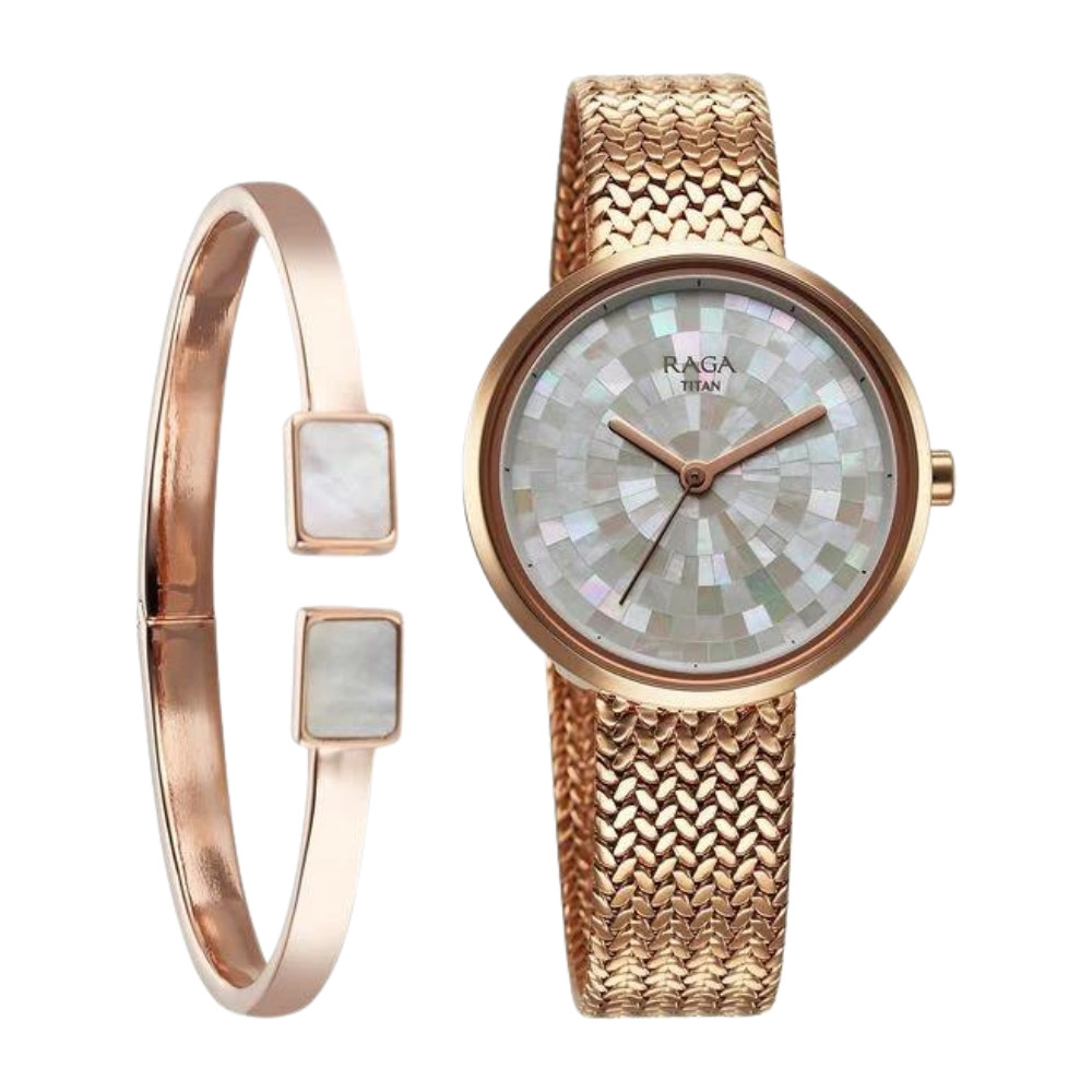 Titan Raga Memoirs Quartz Analog Mother Of Pearl Dial With Rose Gold Metal Strap Watch For Women 95253WM02F