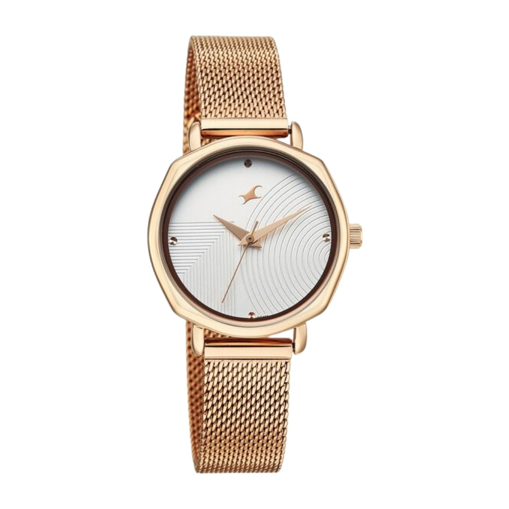 Fastrack Stunners Quartz Analog Silver Dial Rose Gold Stainless Steel Strap Watch For Girls 68064WM01
