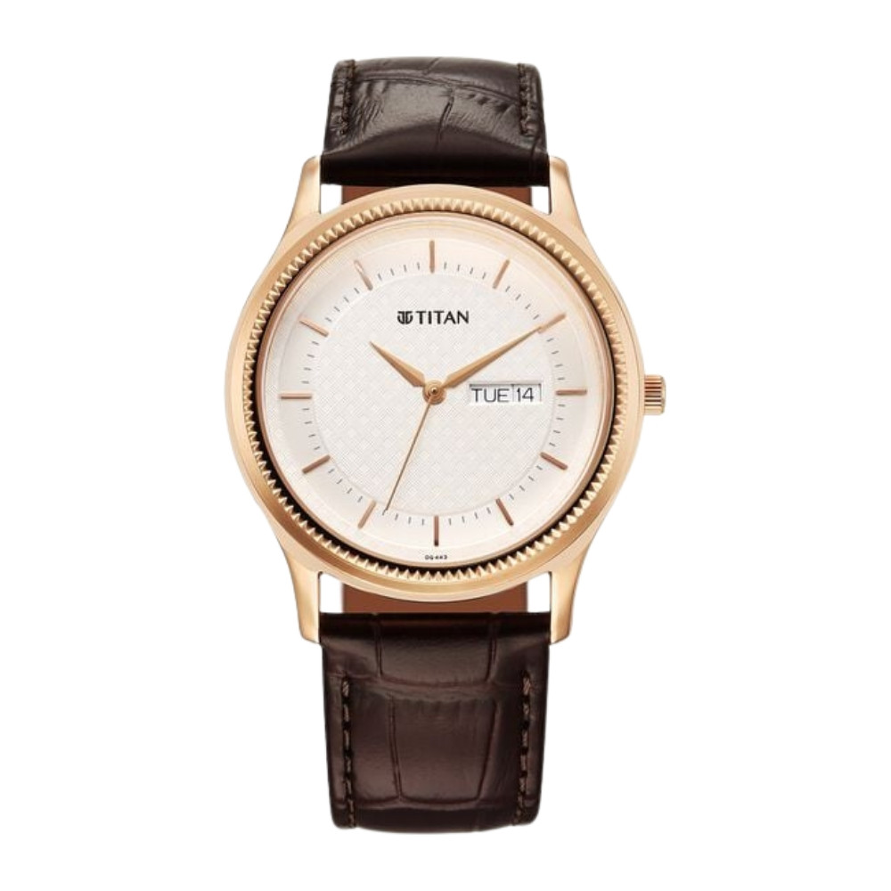 Titan Karishma Quartz Analog with Day and Date Silver Dial Leather Strap Watch For Men 1824WL03