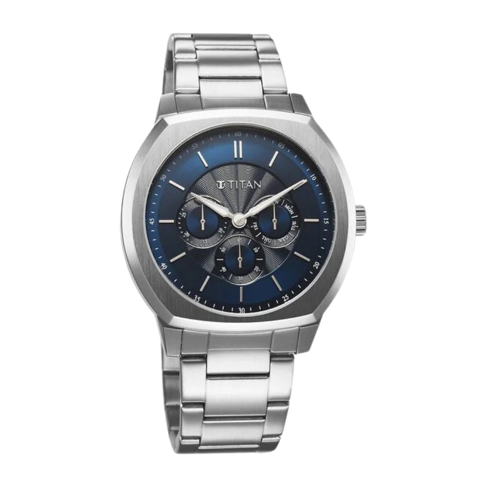Titan Regalia Arc Analog with Day Date Second Subdial and Blue Dial Stainless Steel Strap Watch for Men 90213SM01