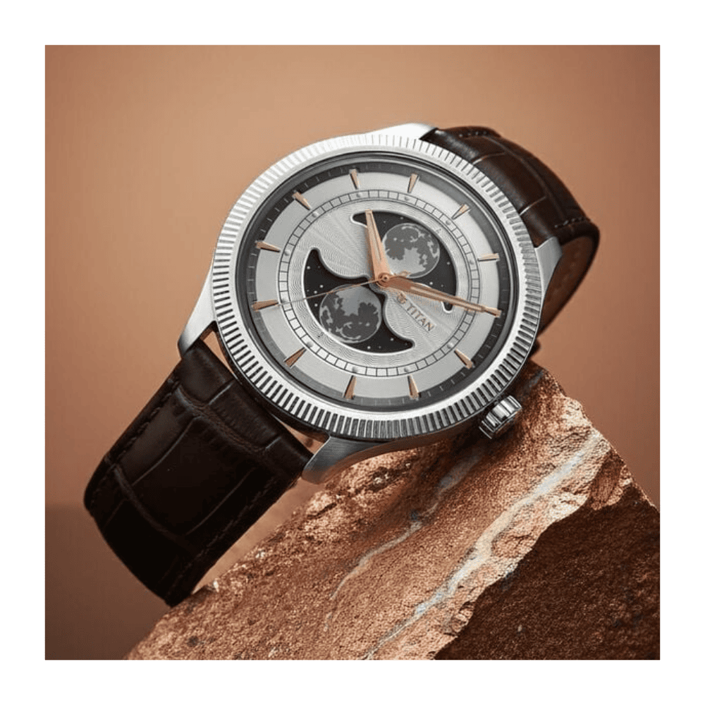 Titan Stellar Analog with Dual Moon Phase and Silver Dial Brown Leather Strap Watch for Men 10050SL01