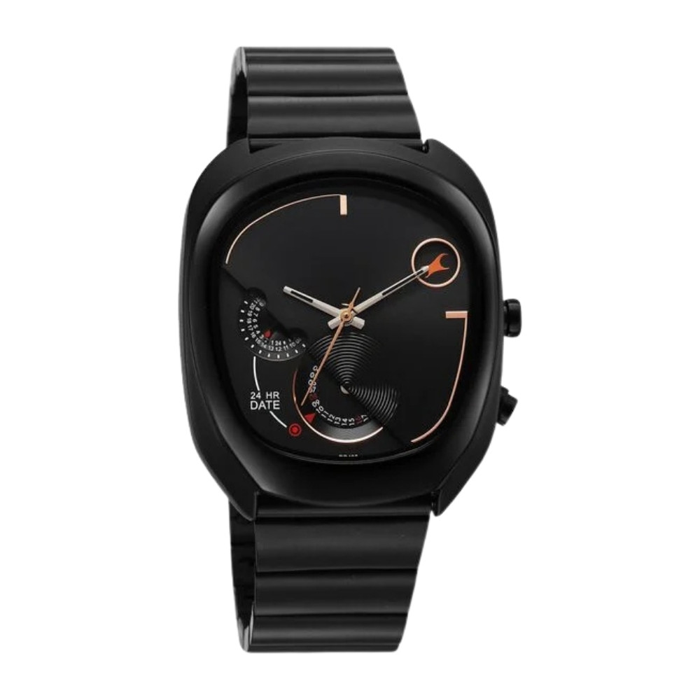 Fastrack UFO Quartz Multifunction Black Dial Black Stainless Steel Strap Watch For Guys 3327NM01
