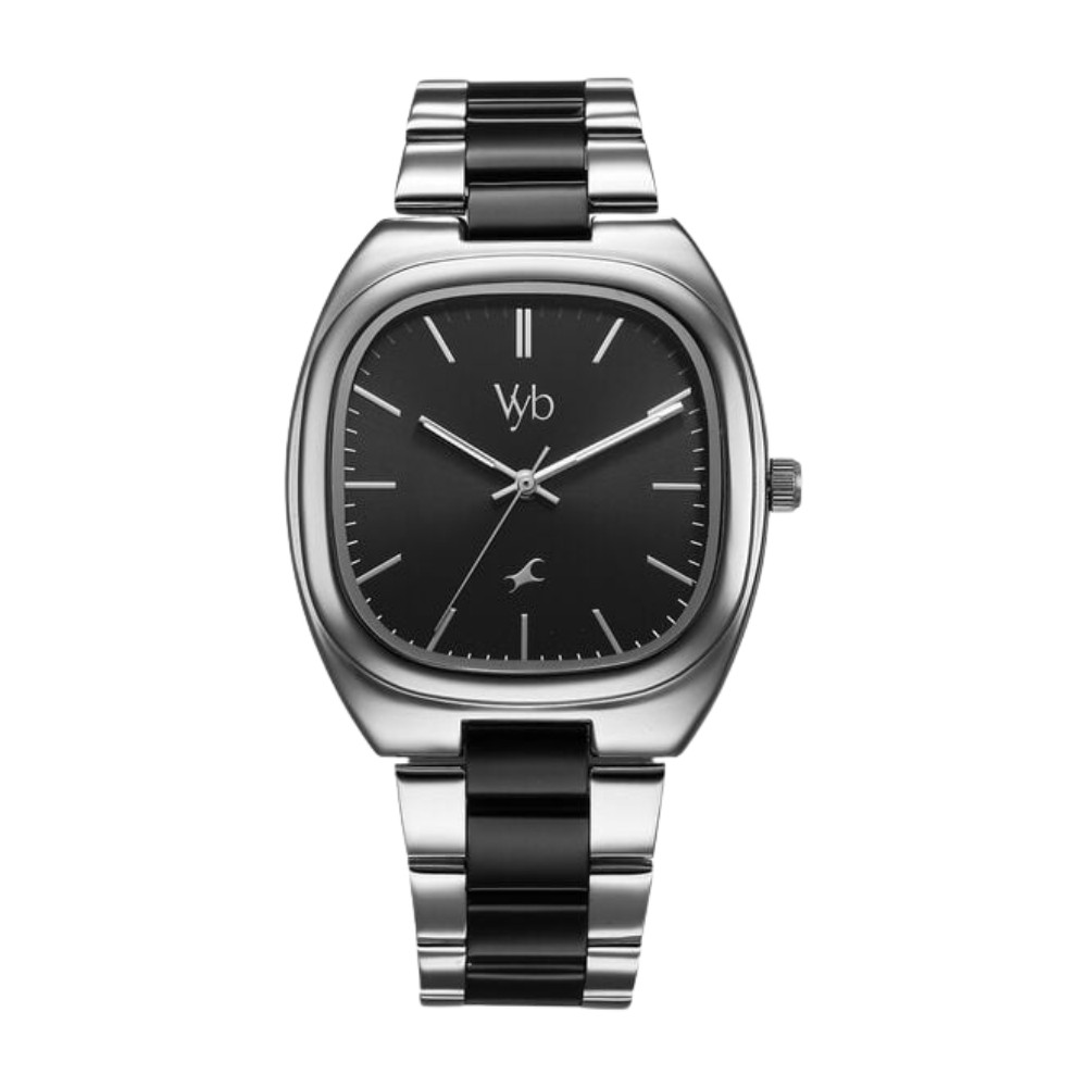 Fastrack Vyb Aviator Quartz Analog Black Dial Two Toned Metal Strap Watch For Guys FV30004KM01W