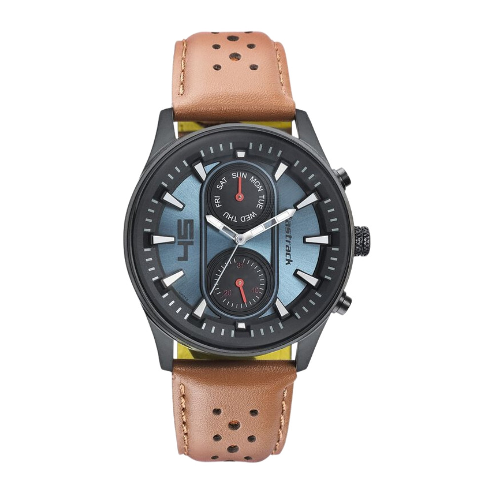 Fastrack Fastfit Quartz Analog with Day and Date Blue Dial Leather Strap Watch for Guys NR3224NL02