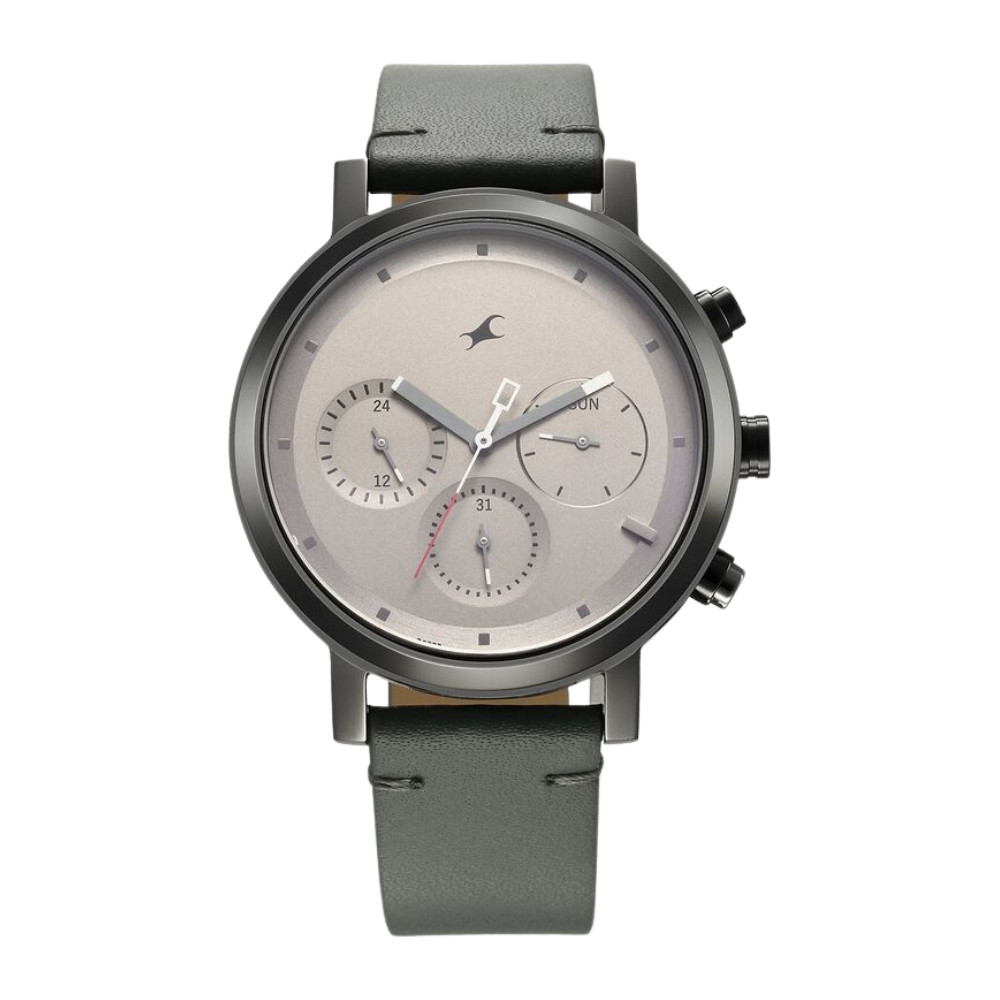 Fastrack Tick Tock Quartz Analog Grey Dial With Grey Leather Strap Watch for Guys 3287KL05