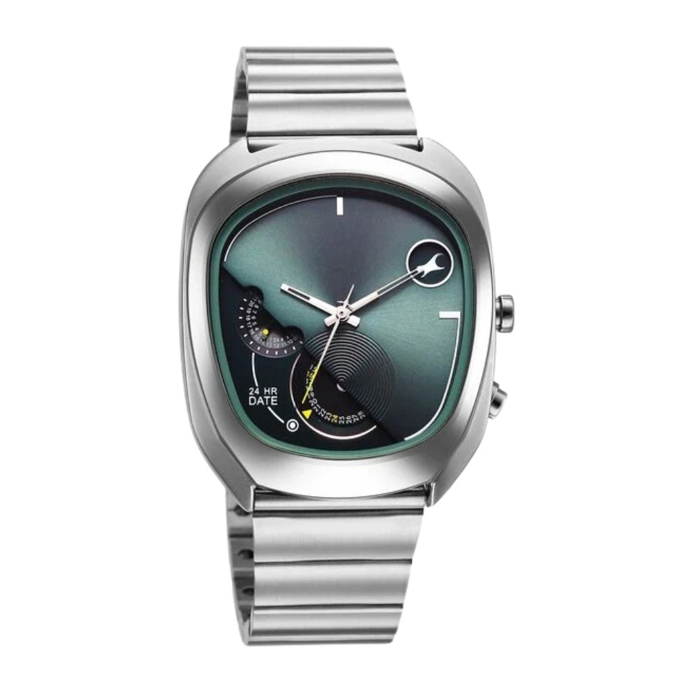 Fastrack UFO Quartz Multifunction Green Dial Silver Stainless Steel Strap Watch For Guys 3327SM01