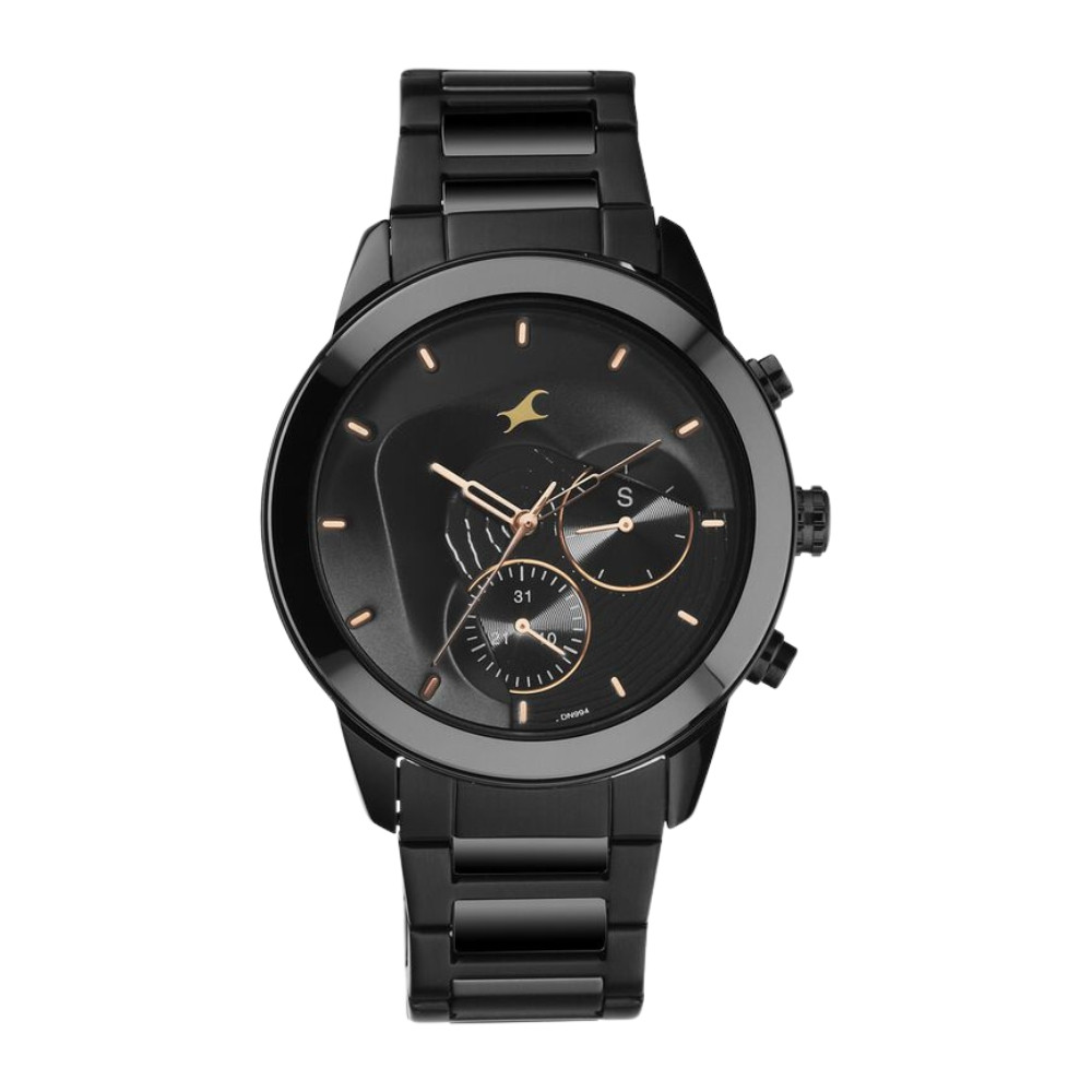 Fastrack Cerame Quartz Multifunction Black Dial Steel & Ceramic Strap Watch for Guys 3304ND01