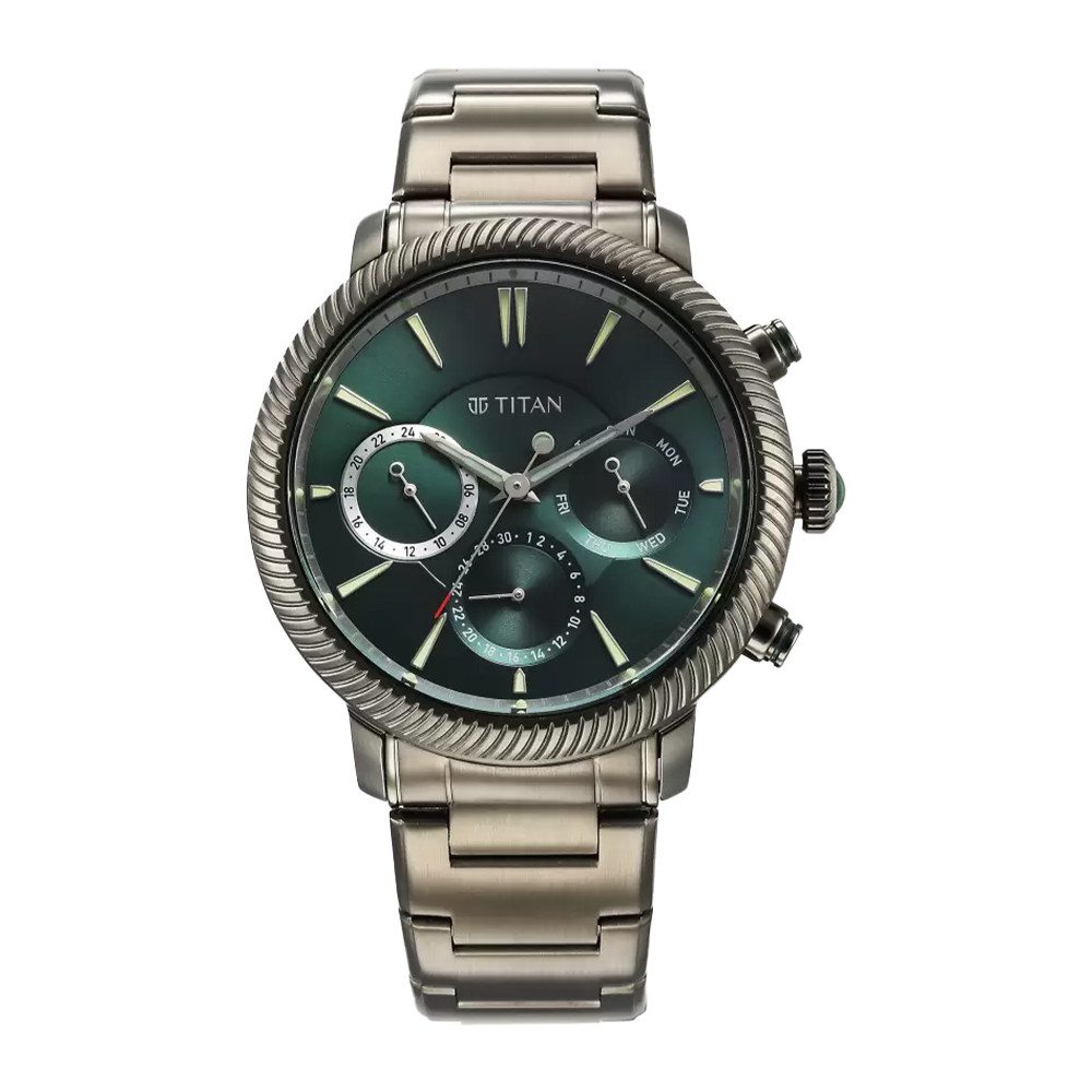 Titan Stellar Quartz Multifunction Green Dial Stainless Steel Strap Watch  for Men 10012QM01