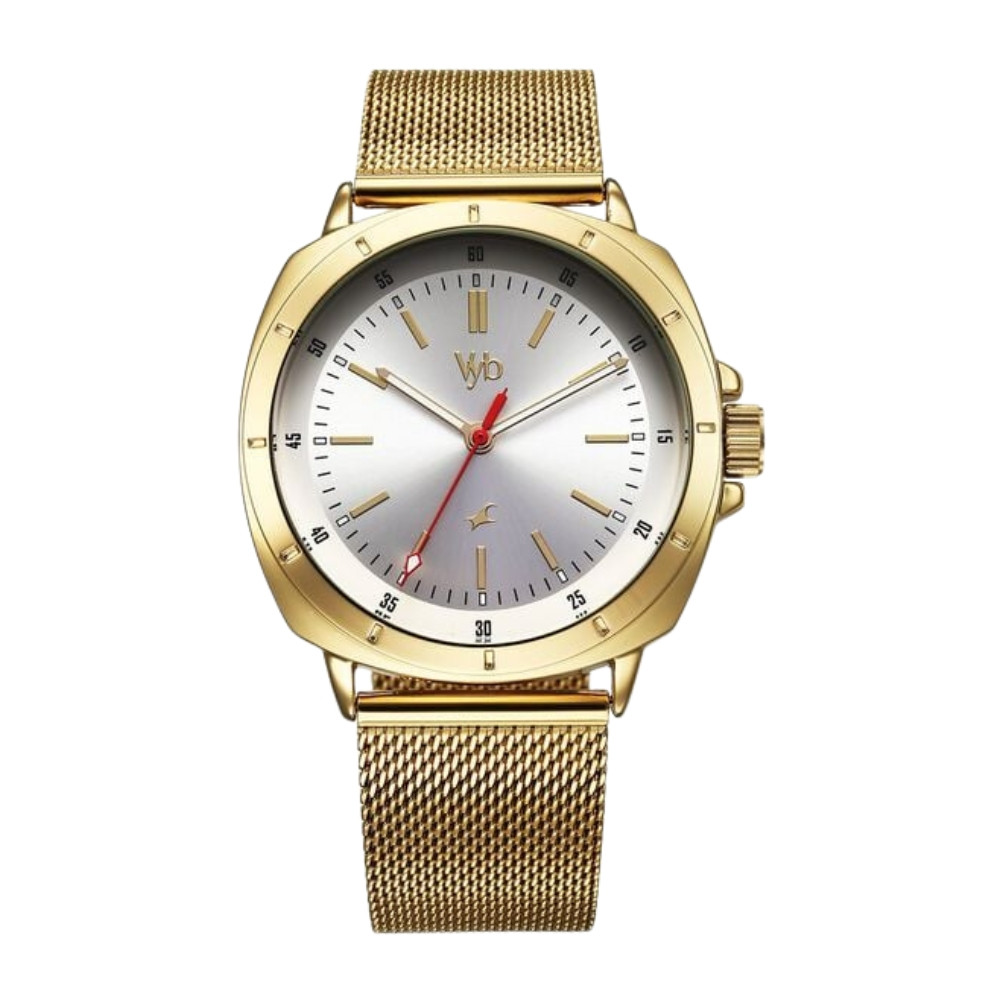 Fastrack Vyb Pioneer Quartz Analog Silver Dial Golden Metal Strap Watch For Guys FV30014YM01W